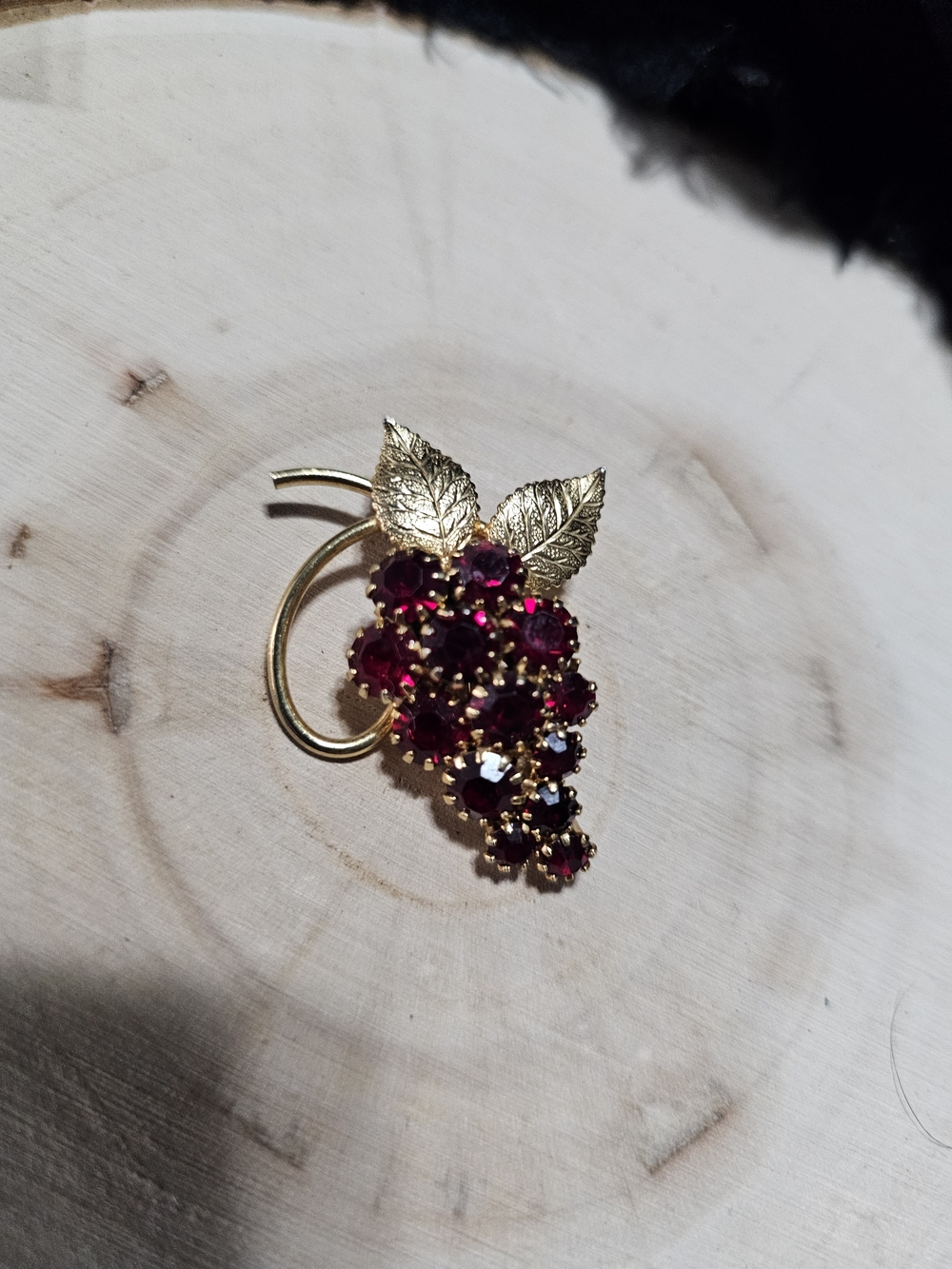 Gold-Tone Red Crystal Grape Cluster Brooch